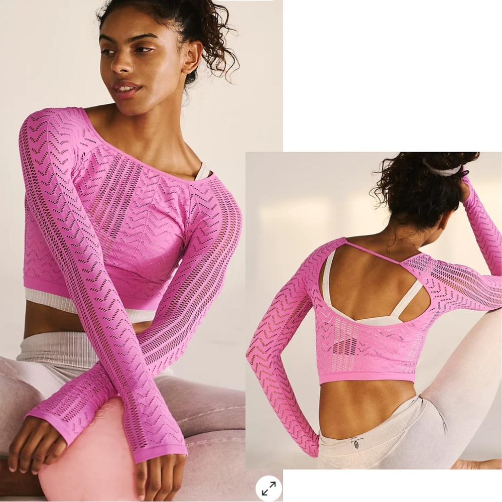 Free People Pink Openwork Long Sleeve Crop Top